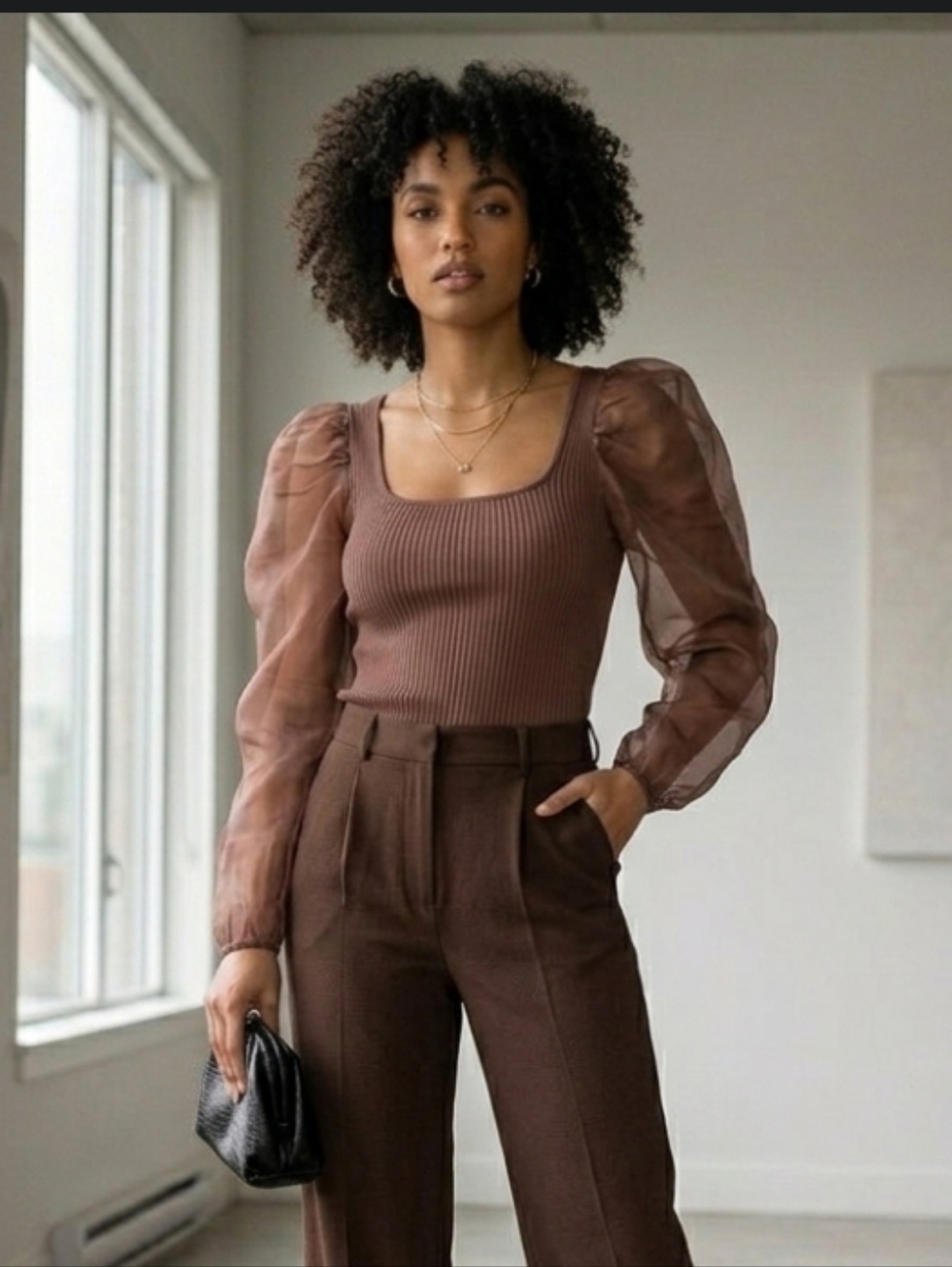​Zara Brown Ribbed Top - Sheer Organza Puff Sleeves - Large